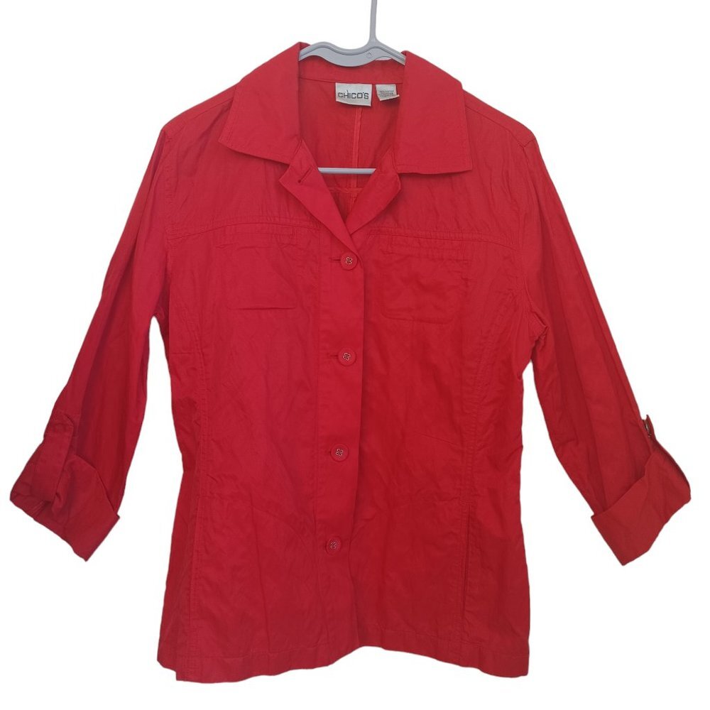 Chicos Red Shirt Jacket Button Front Roll Tab Sleeves Womens Medium